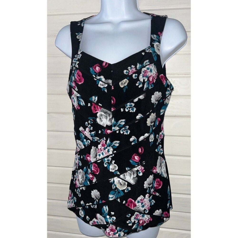 WHBM Sz SMALL Black Pink Floral Sweetheart Neck Tank Top Stretch EUC